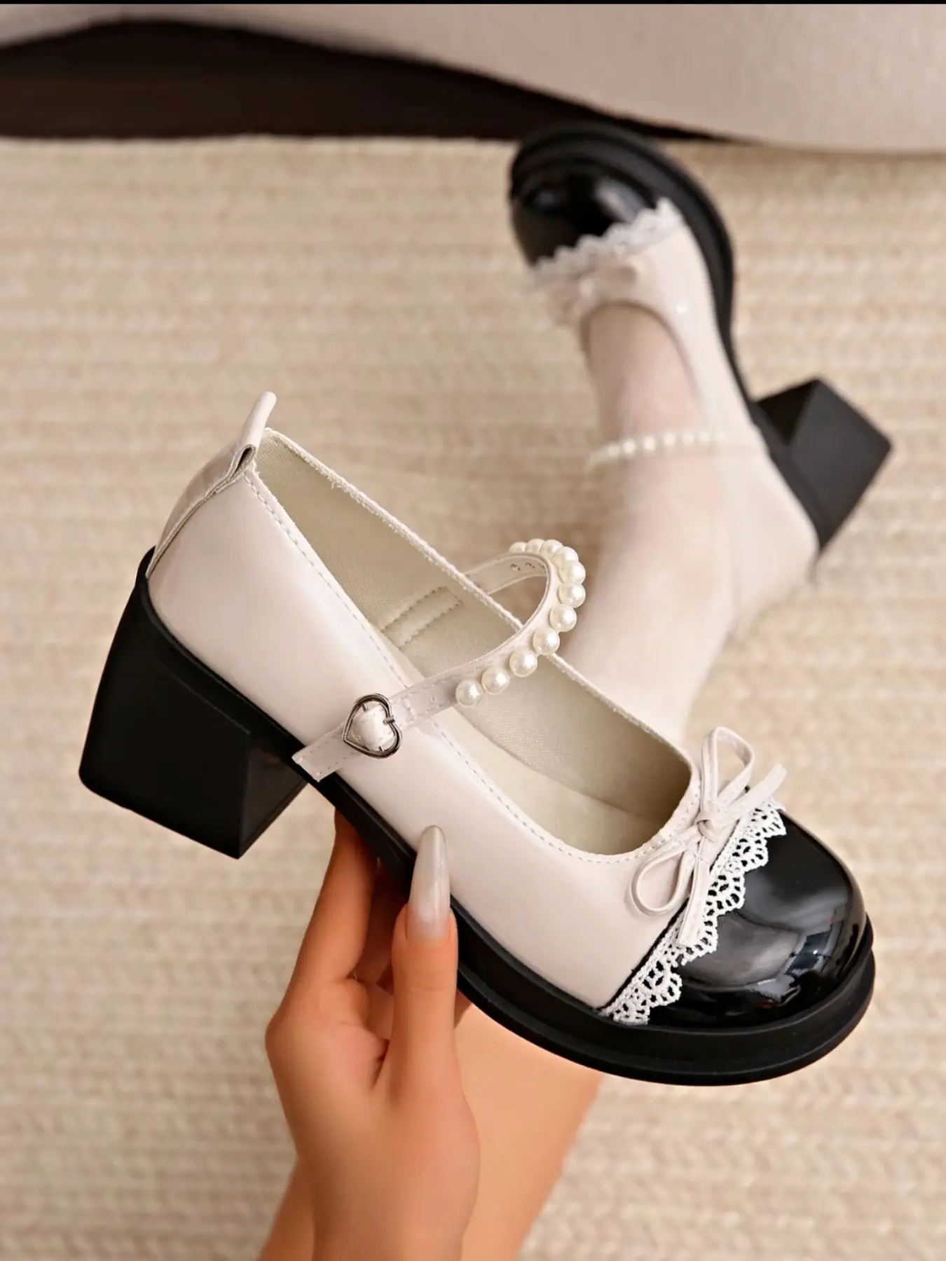 Women's Small Charming PU Mary Jane Shoes With Lace, Lace Edges & Bow Decor, Soft Sweet Cool Style, All-Season Mid Heel Loafers, Bow Decorated Shoes