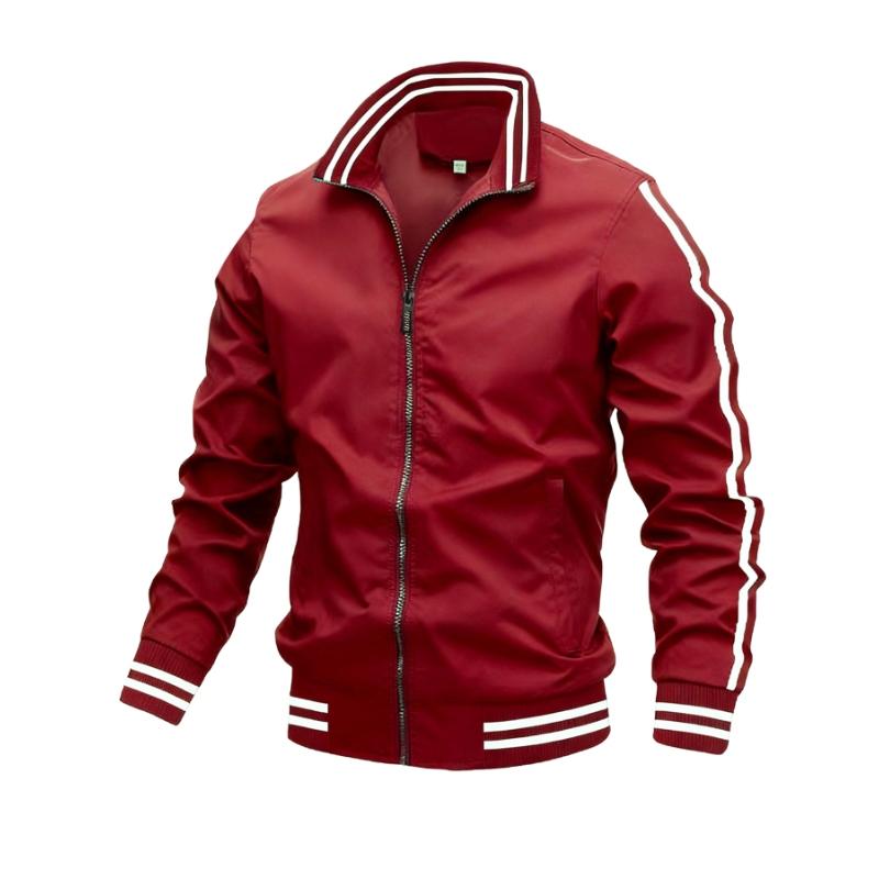 Men's Sporty Zip-Up Jacket with Stand Collar Stripe Accents Full-Zip Woven Shell Practical Side Pockets Ribbed Cuffs Hem
