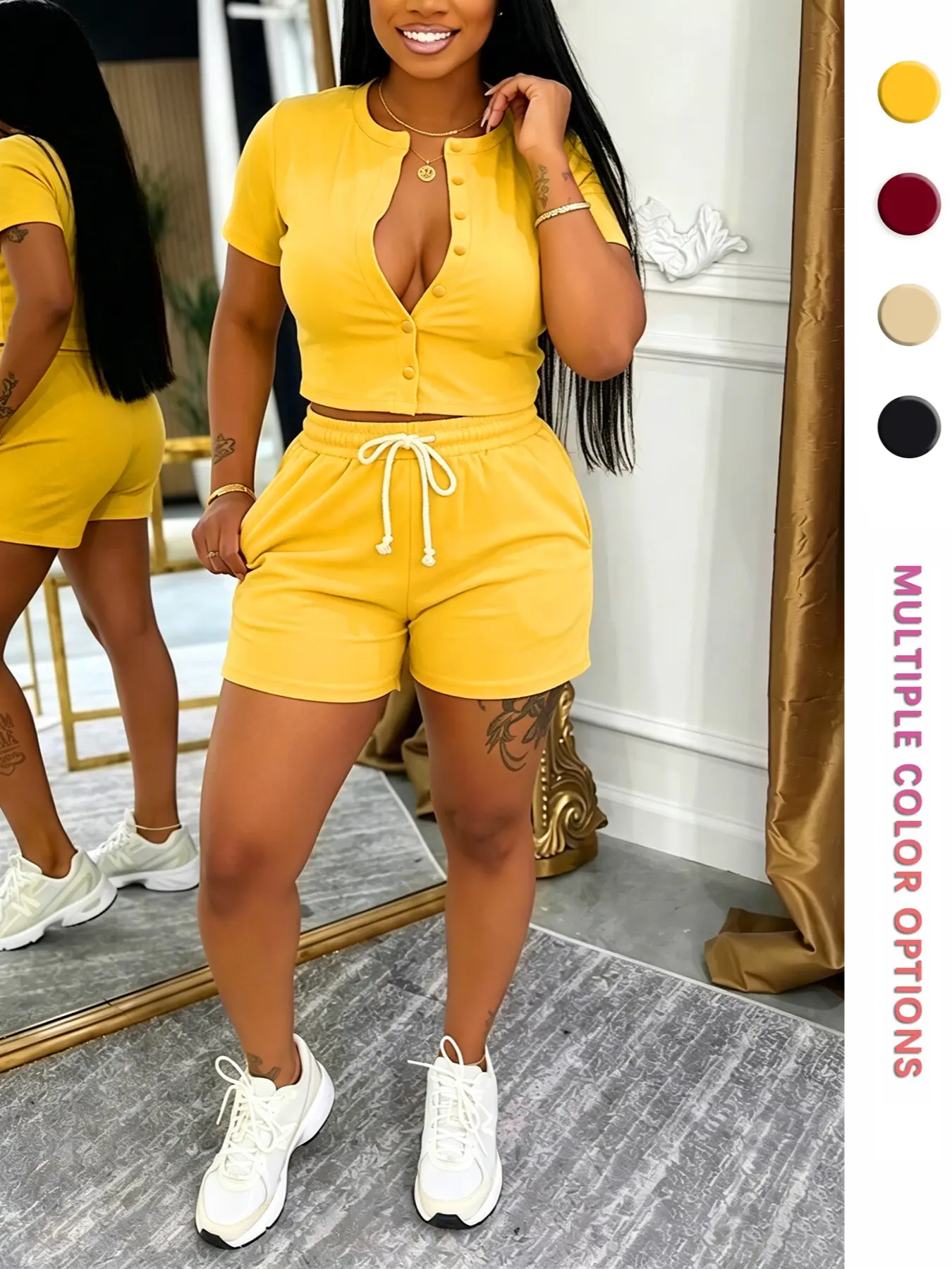 Women's Summer Casual 2-Piece Set Clothes, Short Sleeve Button-Up Top, High-Waisted Drawstring Shorts, Comfortable Slim Fit, Daily Wear, Matching Shorts Set