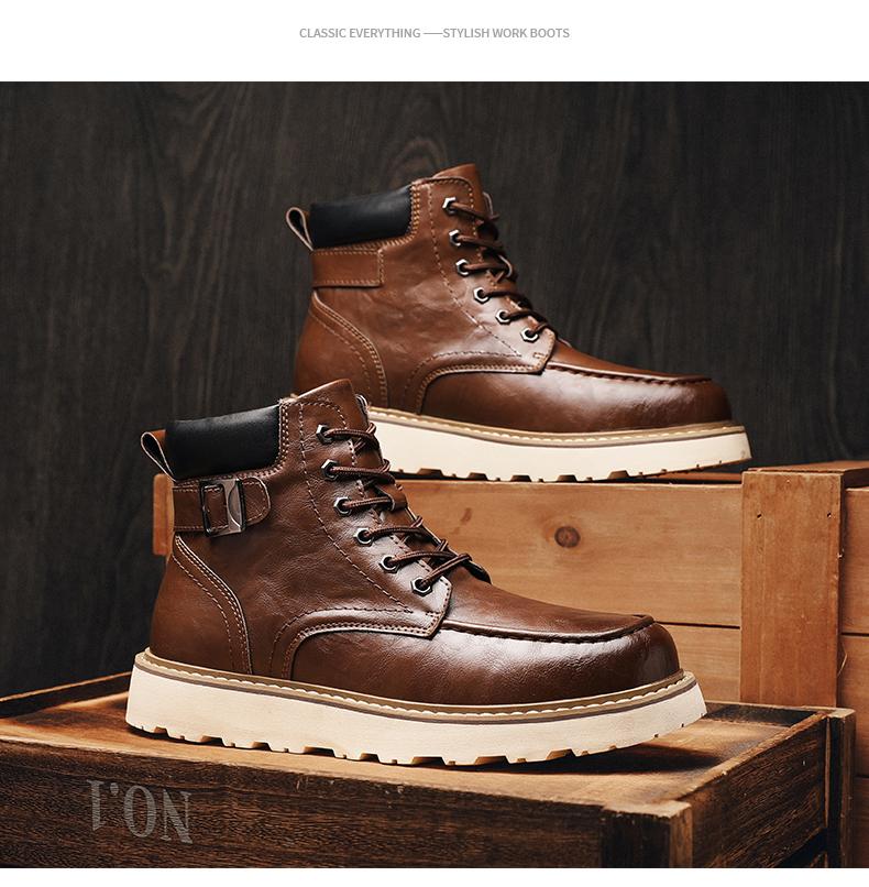 Men's Brown Classic Work Boots - Leather Upper with Belt Buckle Brown Lace-Up Ankle-High Design Non-Slip Rubber Sole for Hiking & Daily Casual Steel Toe Footwear Boy Memory Foam-Like Comfort Cushioning Adjustable Straps for Comfort Fit Durable Waterproof