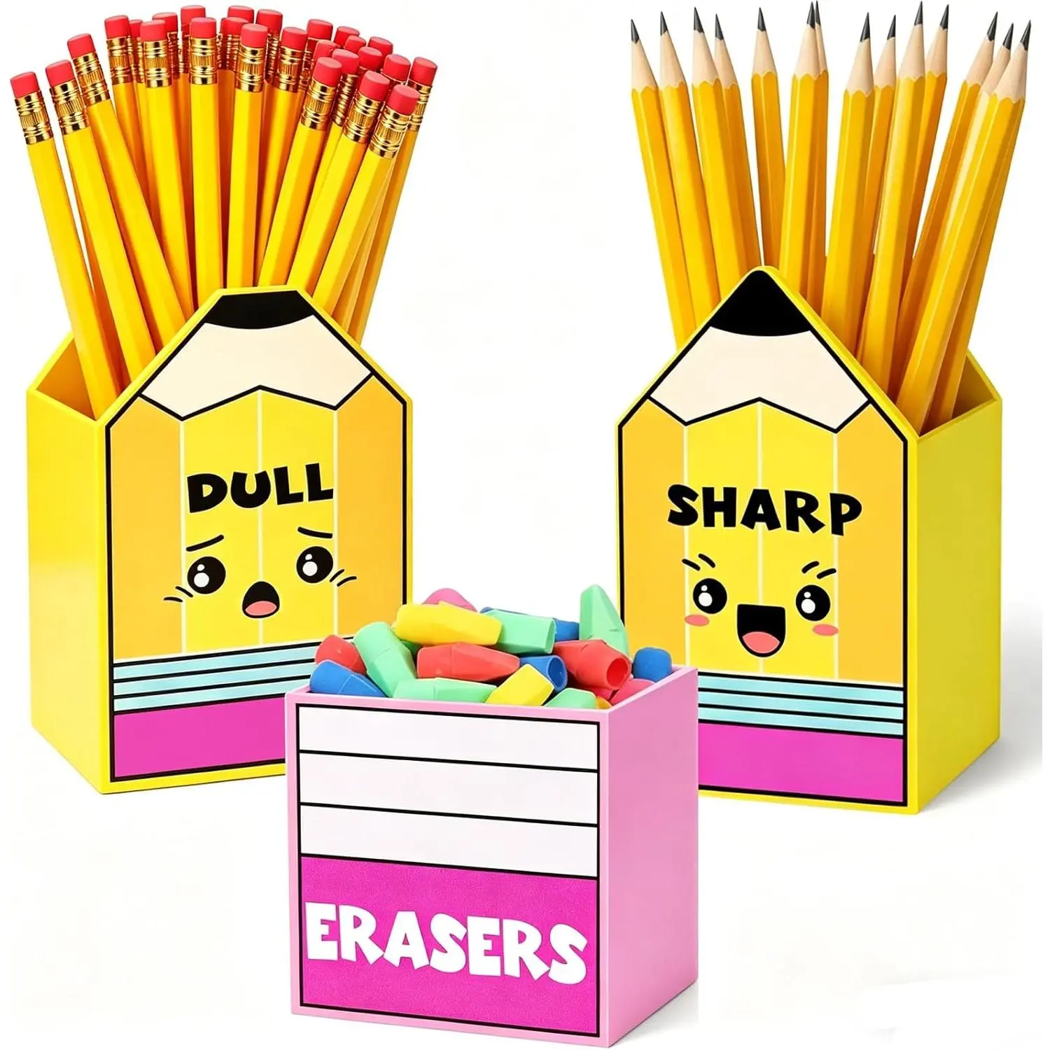 and Dull Pencil Holder for Classroom, 3 count Wooden Dispenser Organizer with Eraser Bucket, No Assembly Required, Teacher  Haves,  to School