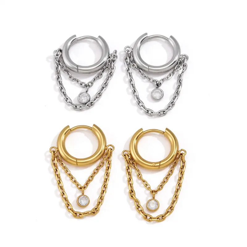 Exaggerated Stainless Steel Zircon Tassel Hoop Earrings, Titanium Steel Fashion Costume Jewelry Accessories