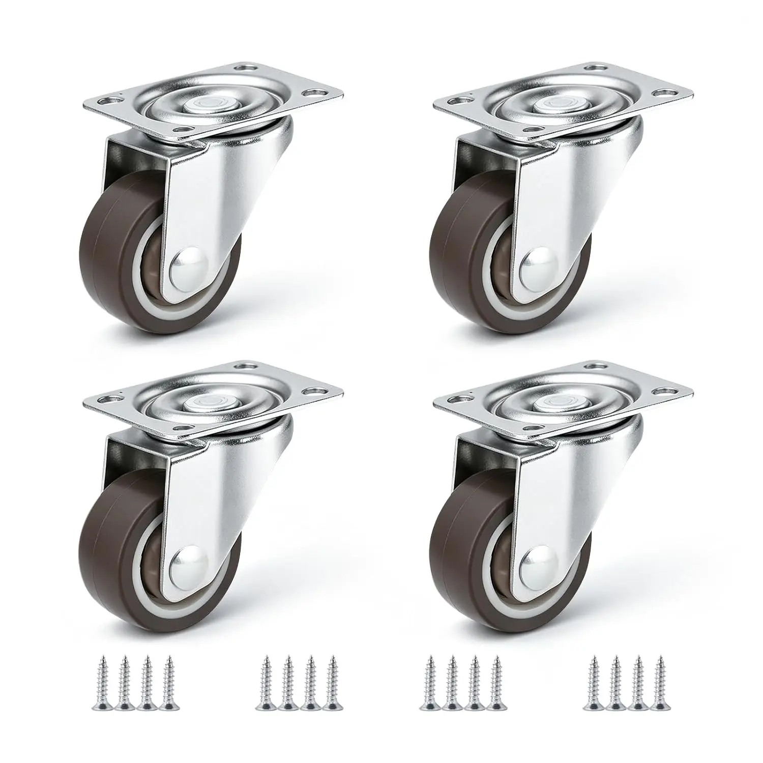 1" Low Profile Swivel Plate Caster Wheels (4 Count) with 4+16 Screws, Soft Rubber, 360-Degree Silent Motion, Screw-In Design for Light Furniture (Under 100Lb) on Indoor Floors, Marble/Cement