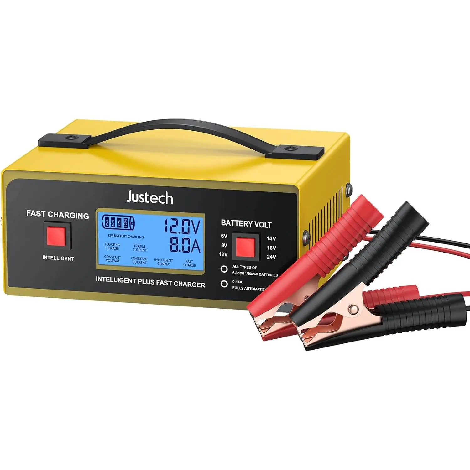 Justech Smart Car Battery Charger 6/8/12/14/16/24V 10A Fully Automatic Battery Maintainer, Heavy Duty Trickle Charger Auto Charging Safe for Car Motorcycle Lawn Mower AGM Gel STD Lead Acid Batteries