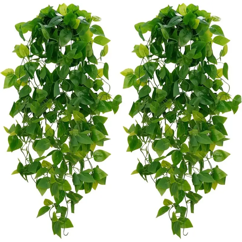 2pcs Fake Hanging Plants,Artificial Pothos Vines Faux Plants Greenery for Wall Home Living Room Office Indoor Outdoor Decor (No Baskets)