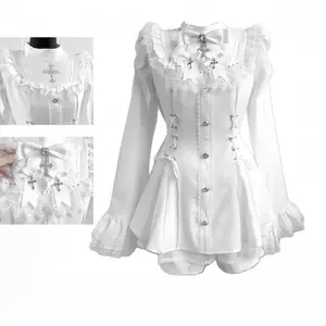 Woman Japanese Kawaii Preppy Style Skirt Sets Sweet Lace Patchwork Bow Tops   Plaid Mini Skirts Female Elegant Lolita Outifits