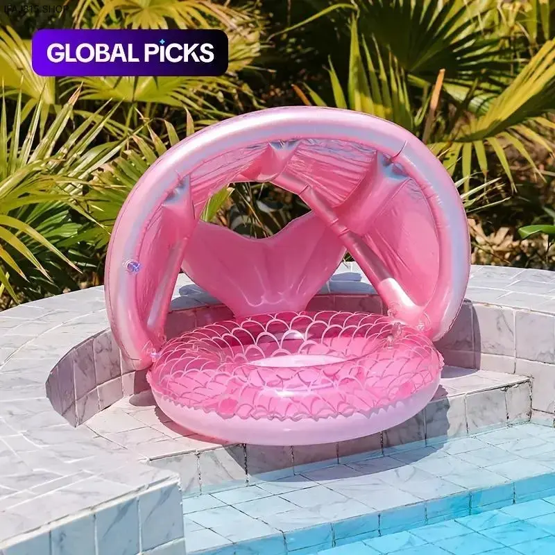 Kids Mermaid Tail Pool Float with Sun Canopy - Durable PVC Easy-Inflate Water Toy, Versatile Use for Outdoor Beach Play, Sun Protection for Children