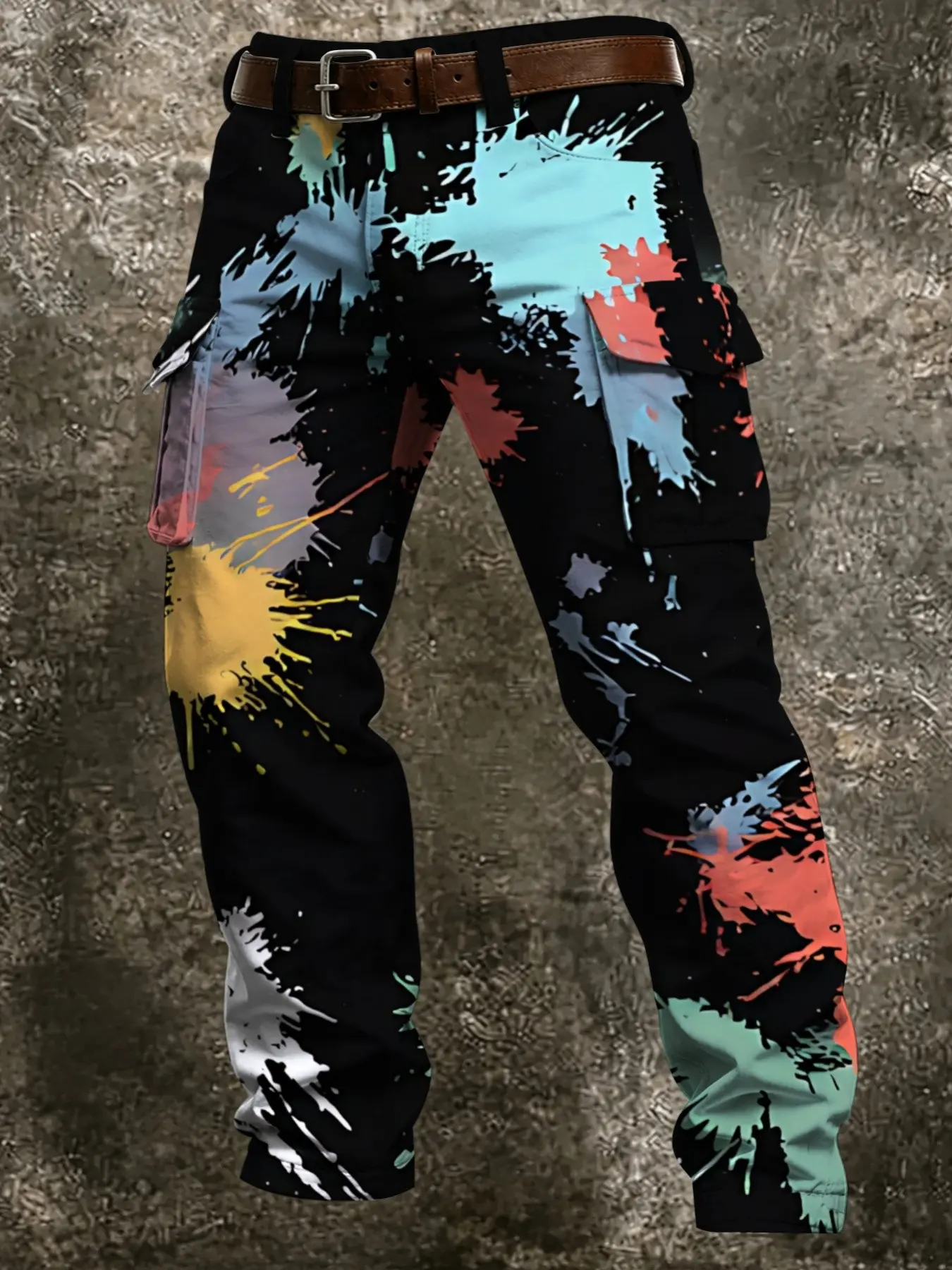 Men's Colorful Splatter Graffiti Print Cargo Pants, Artistic Spray Pattern, Multi-Pocket Casual Long Trousers, Streetwear Bottoms