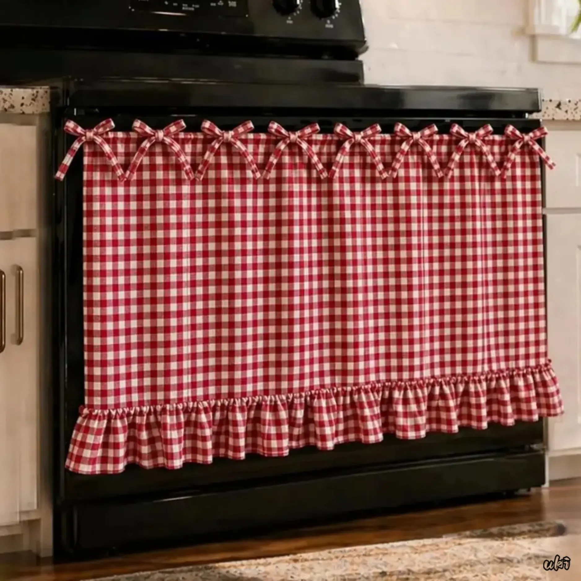 Boho Farmhouse Gingham Plaid Oven Skirt Cover, Cottagecore Stove Curtain with Ruffled Bow Tie and Lace Trim for Rustic Kitchen Home Decor, Kitchen Decor, Stove Cover, All-Seasons, Double Fabric