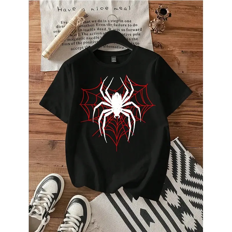 Women's Gothic Spider Graphic T-Shirt, Customized Shortsleeve Streetwear Top, Comfortable Cotton Fabric for Summer Beach Wear, Tshirt, Soft Cotton