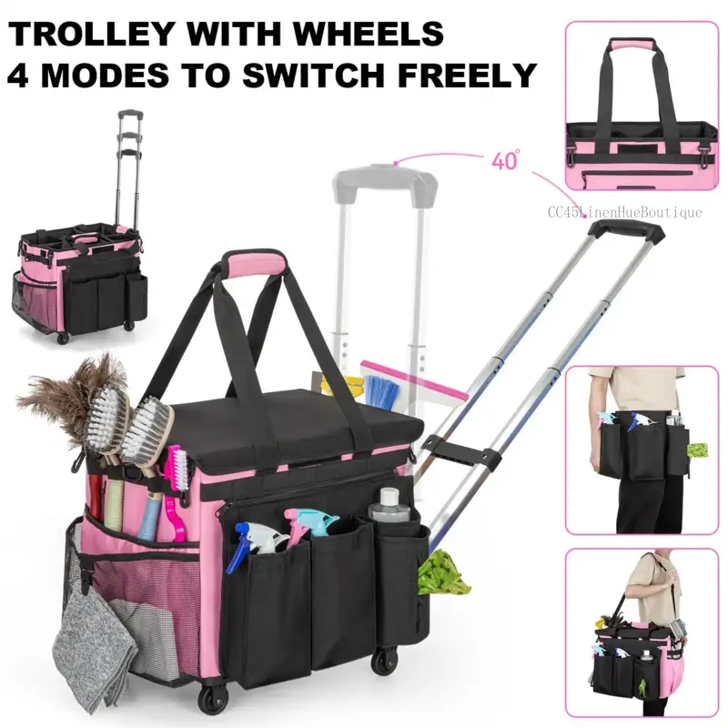 Women's Large Waterproof Rolling Cleaning Caddy Bag with Detachable Trolley, Supplies Organizer on Wheels for Housekeepers, Home Use (Pink) CC45LinenHueBoutique