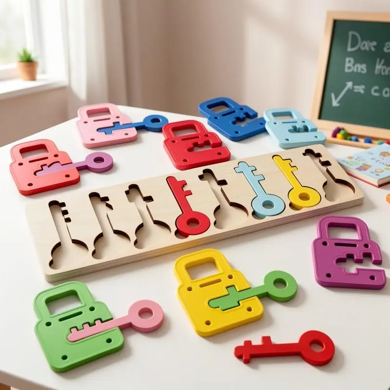 Wooden Lock-and-Key Matching Puzzle - 8-Color & Shape Sorting Toy, Unisex All-Seasons Interesting Tabletop Game, Ideal Birthday or Christmas Gift