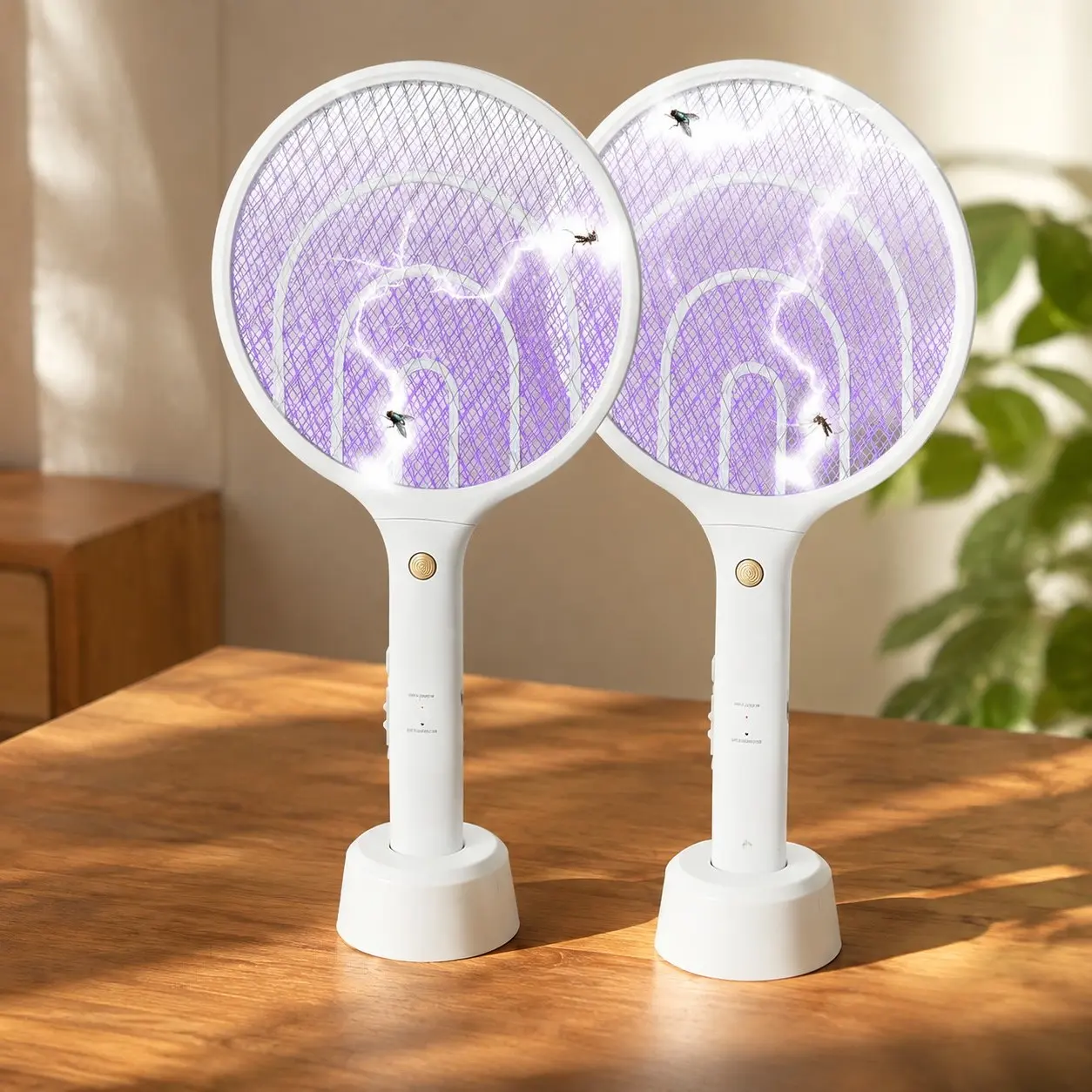 Electric Fly Swatter 2 Pack, Rechargeable 3000V Bug Zapper Racket, Mosquito Killer, 2-in-1 Handheld and Stand, Indoor and Outdoor Insect Control with USB Charging - WhiteGift