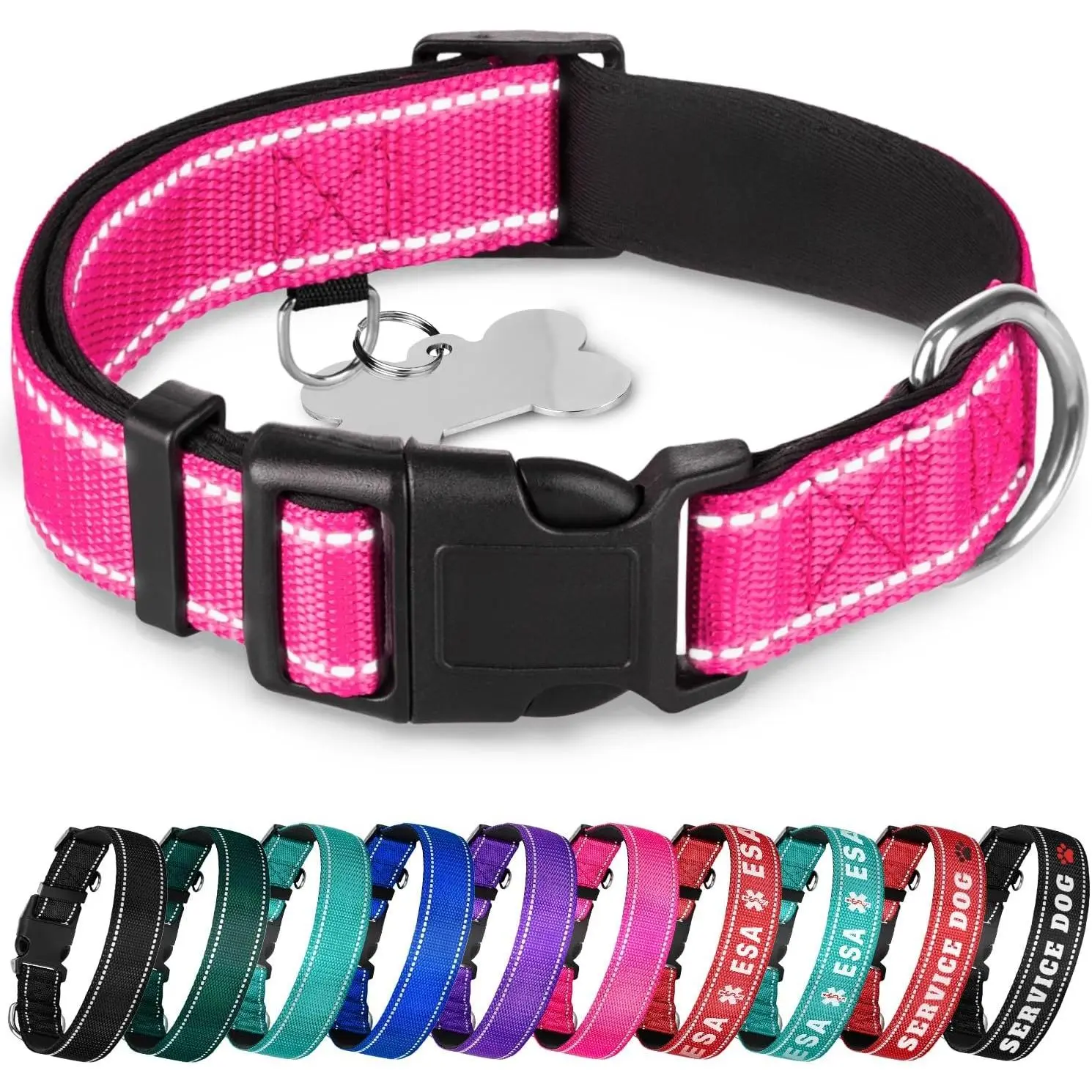 Reflective Dog Collar – Hot Pink – M – Extra Soft Padding – Basic Nylon Pet Collar – Quick Release Buckle – Fits Small, Medium and Large Dogs, Puppies, Cats – ESA & Service Dog Options