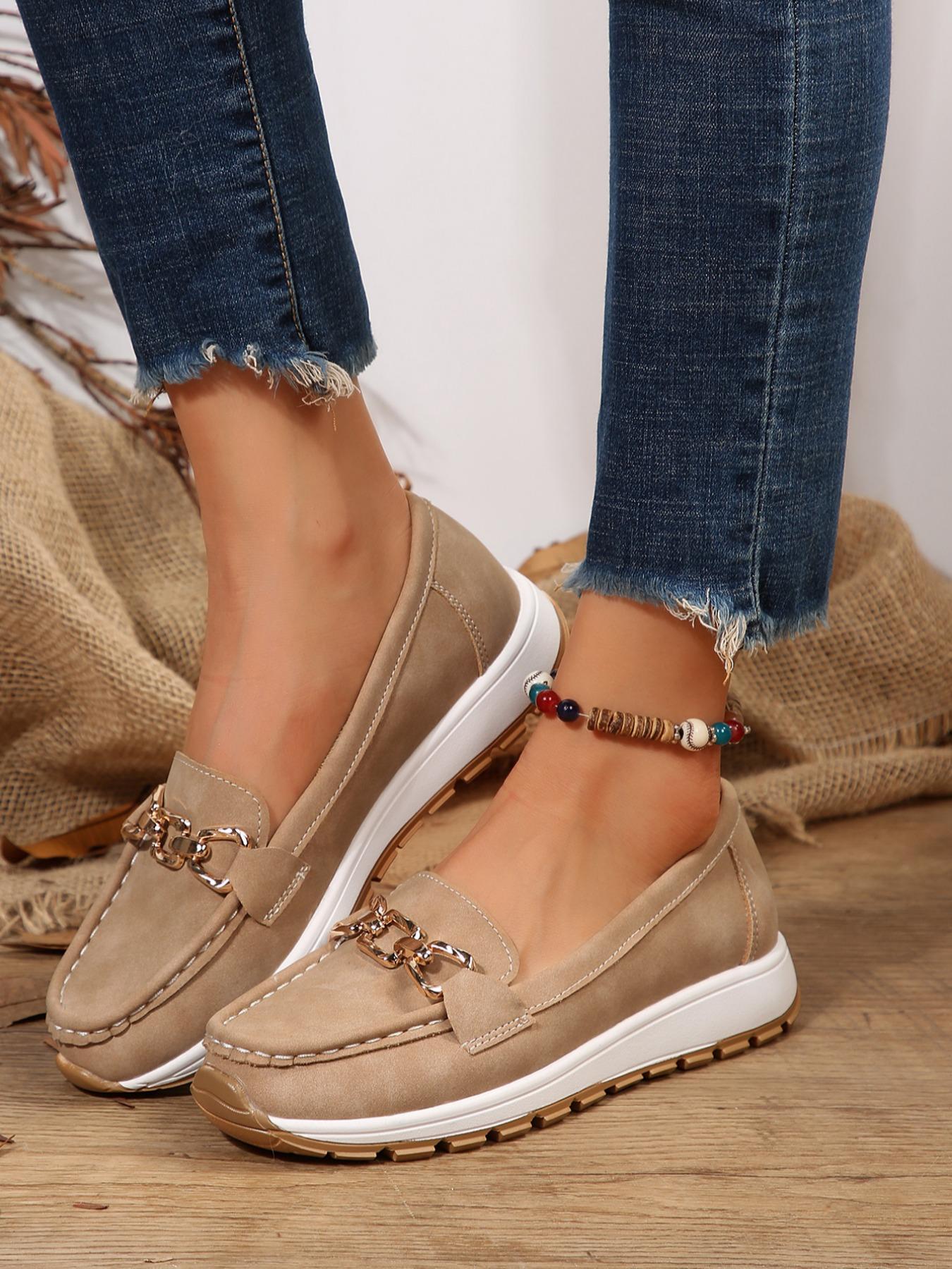 Women's Casual Sporty Slip-On Low-Top Shoes, Lightweight Comfortable Fashion Round-Toe PU Leather Shoes with Chain Decoration, Slip On Style