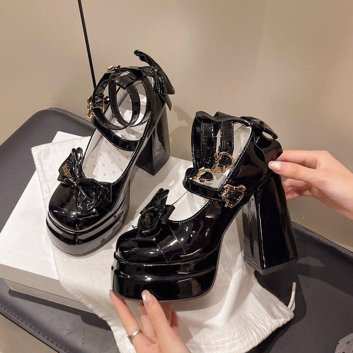 Lolita Shoes Women High Heels Shoes Woman Chunky Sandals Summer Mary Janes PU Leather Shoes Retro Bow Party Platform Pumps