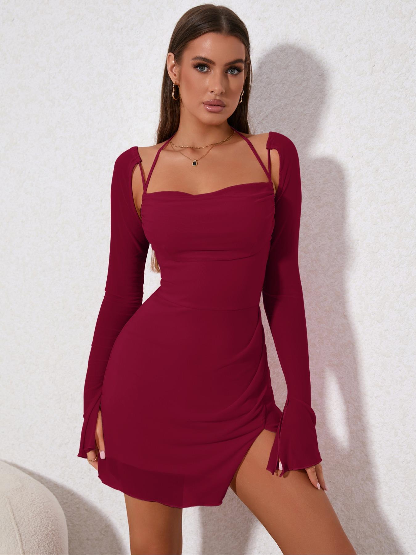 Women's Long Sleeve Cowl Neck Tie Back Halter Split Bodycon Mini Dress,  Back To School Outfits