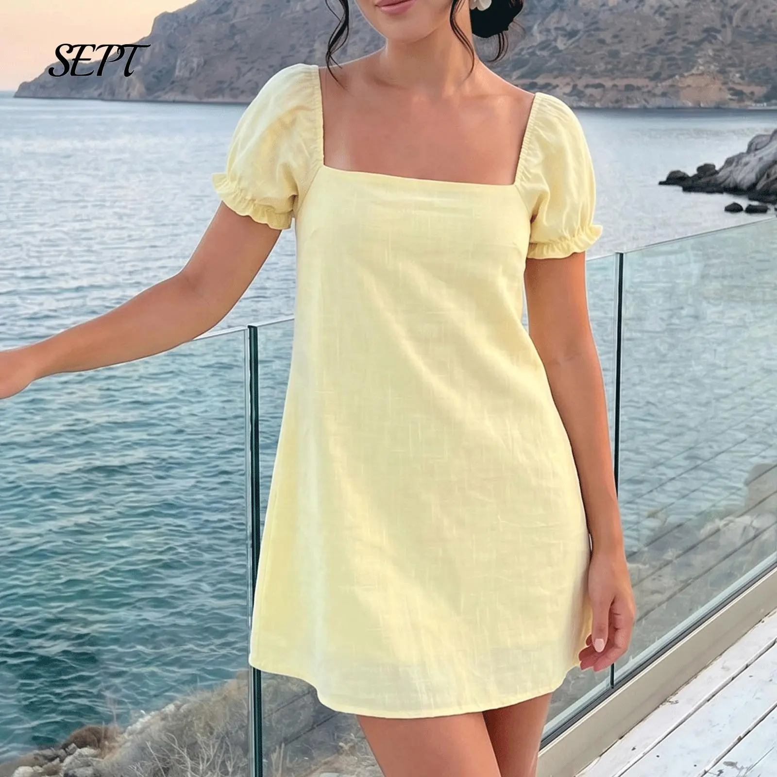Women's Tie Back Mini Dress Short Sleeve Square Neck Babydoll Dress