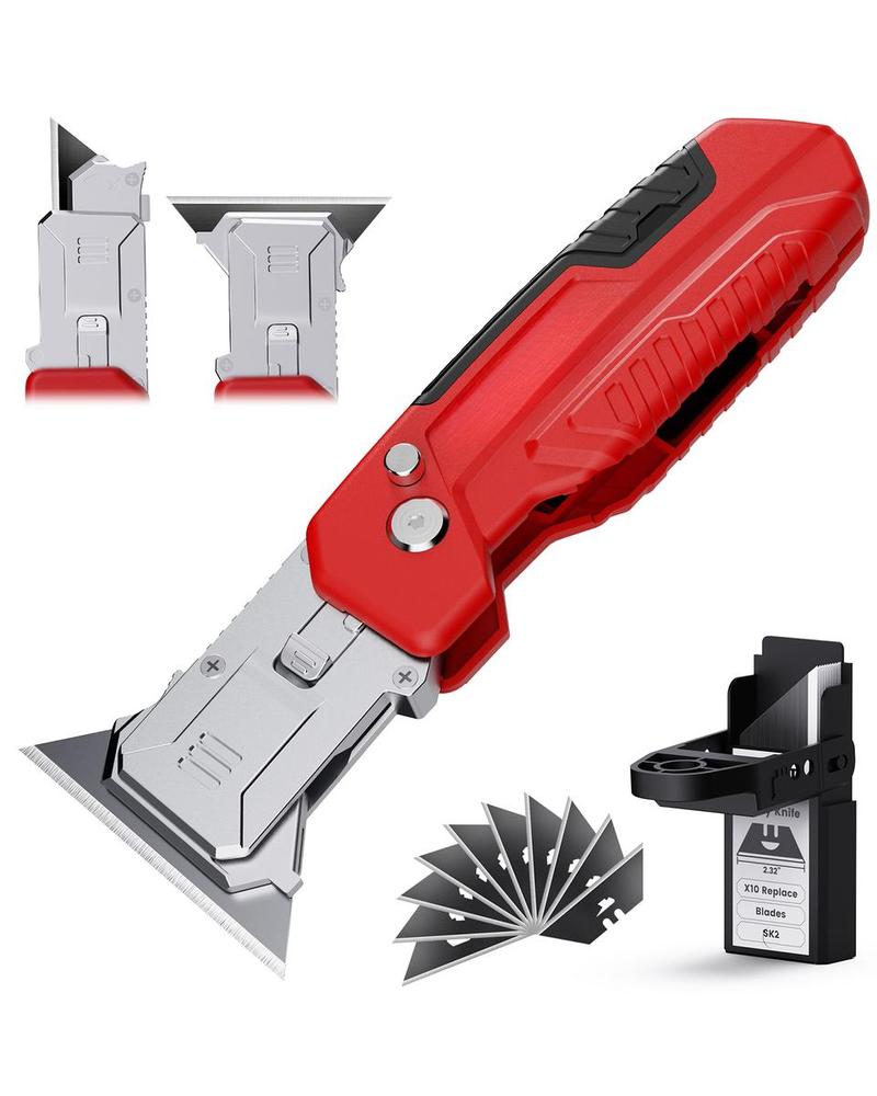 Utility Knife Scraper,  2-in-1 Folding Box Cutter with Blade Storage,Retractable Design, Heavy Duty Zinc Alloy Body, Folding Knife, SK2 Black Blades replacement, DIY Tool,EDC Tool for Home, Office