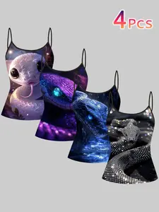 4-Piece Set American Style Fluorescent Python Print Tank Tops, Blue Glow Snake Multi-Design Slim Fit Waist Crop Top