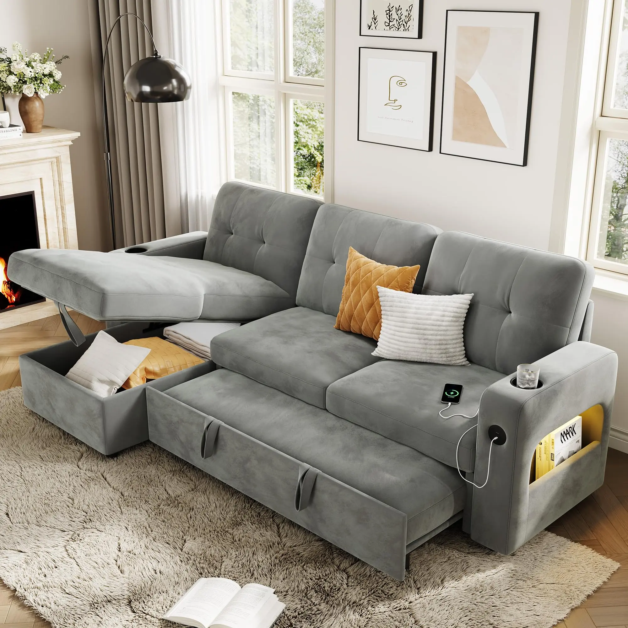 Garvee 84" Modern L-Shaped Sleeper Sofa with Storage, Charging Station, LED Lights, USB/Type-C Ports, Reversible Chaise, Convertible Sectional Bed, Velvet Upholstery in Light Gray, Dark Gray, or Beige