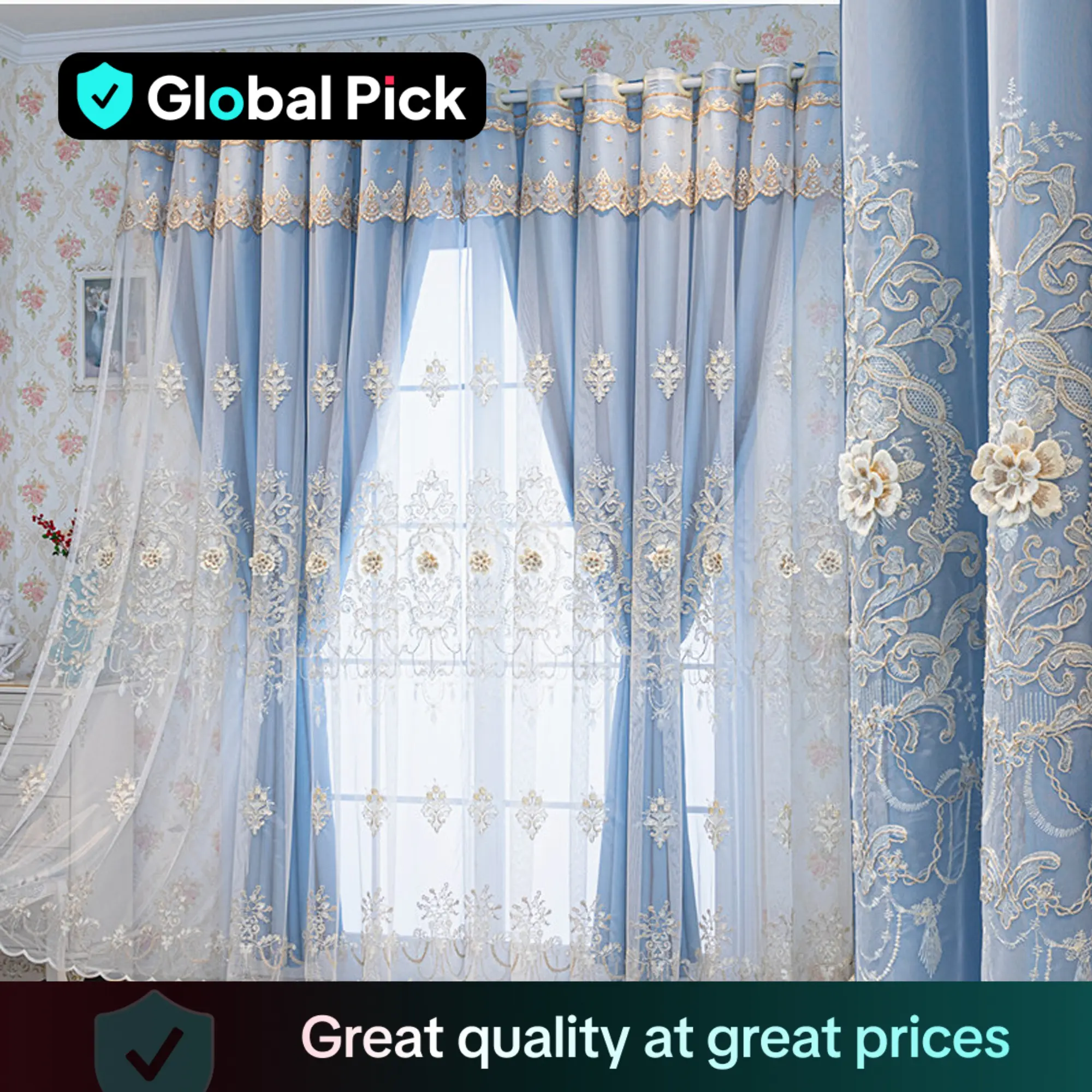 Flower Embroidery Curtain, 1 Count Double Layer Window Curtain, Window Drapes for Home Living Room Bedroom, Home Decor, Home Decoration Curtain