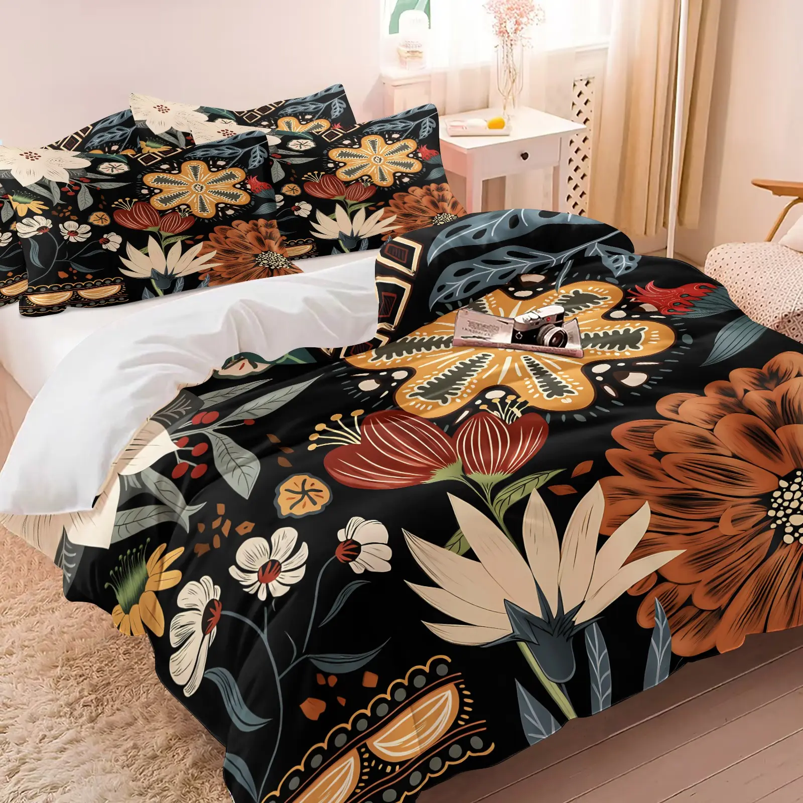 3PCS Dark Luxury Vintage Folk Floral Duvet Cover Set (1 Duvet Cover + 1-2 Pillowcases), Black Background Boho Retro Colorful Wild Flower Print, Soft Cozy Skin-Friendly All Seasons Bedding, Perfect for Dark Boho Aesthetic Adult Bedroom Decor