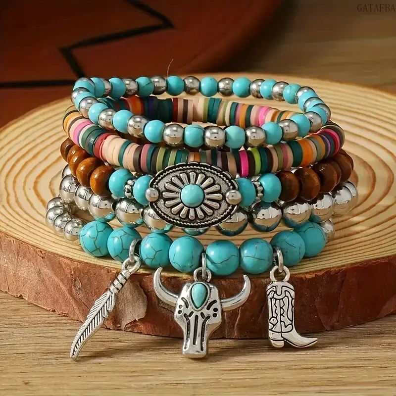 Women's Unisex Ethnic Beaded Jewelry Set - 5-Piece Colorful Handmade Stacking Bangles, Elastic Charm Bracelets for Sports & Outdoor Enthusiasts,back to school,back to school haul