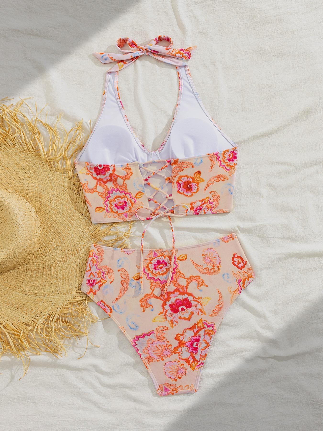 Two-piece Set Women's Butterfly & Floral Print Lace Up Bikinis Set, Casual Halter Neck Backless Swim Top & High Waist Swim Panty, Ladies Summer Swimwear for Beach, Swimsuits Women, Swimsuit Style, High Waisted Swimsuit, Bikini Sets