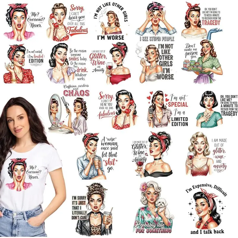 DTF Transfers Ready to Press - 20 Sheets Funny Retro Housewife Iron on Patches Vintage Women Sassy Quotes Stickers Vinyl Decals for T Shirts Clothes Pillow Bag DIY Crafts Applique Decoration
