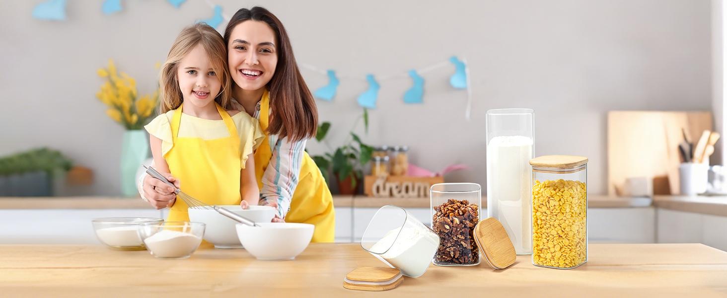 37 Oz Glass Storage Jars with Bamboo Lids - 6 Pack Clear Glass Canisters Square Airtight Stackable Ideal for Pantry Storage Containers Organizers Great for Storing Oats Coffee Beans Nuts etc