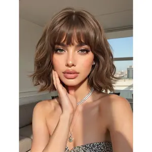 10 Inch Straight Bangs Short Curly Bob Wig, Fashionable Daily Wear Synthetic Hairpiece, Natural Look for Women, Synthetic Material Wigs, Stylist Friendly Wig