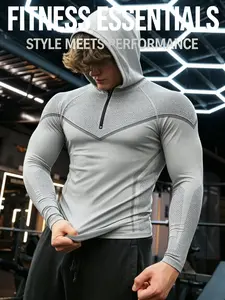 Men's Hooded Compression Fitness Long Sleeve Top, Quick-Dry High Elasticity Mesh Fabric, Half-Zip Shoulder Fit, Ideal for Gym Training