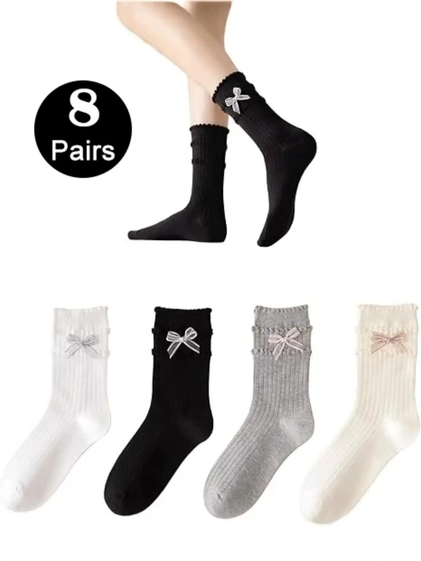 8 Pairs Women's Cute Ankle Socks, Sweet Bow Mid-Calf Socks, Seamless Non-Irritating, Fashionable Comfortable, Perfect for Daily Wear