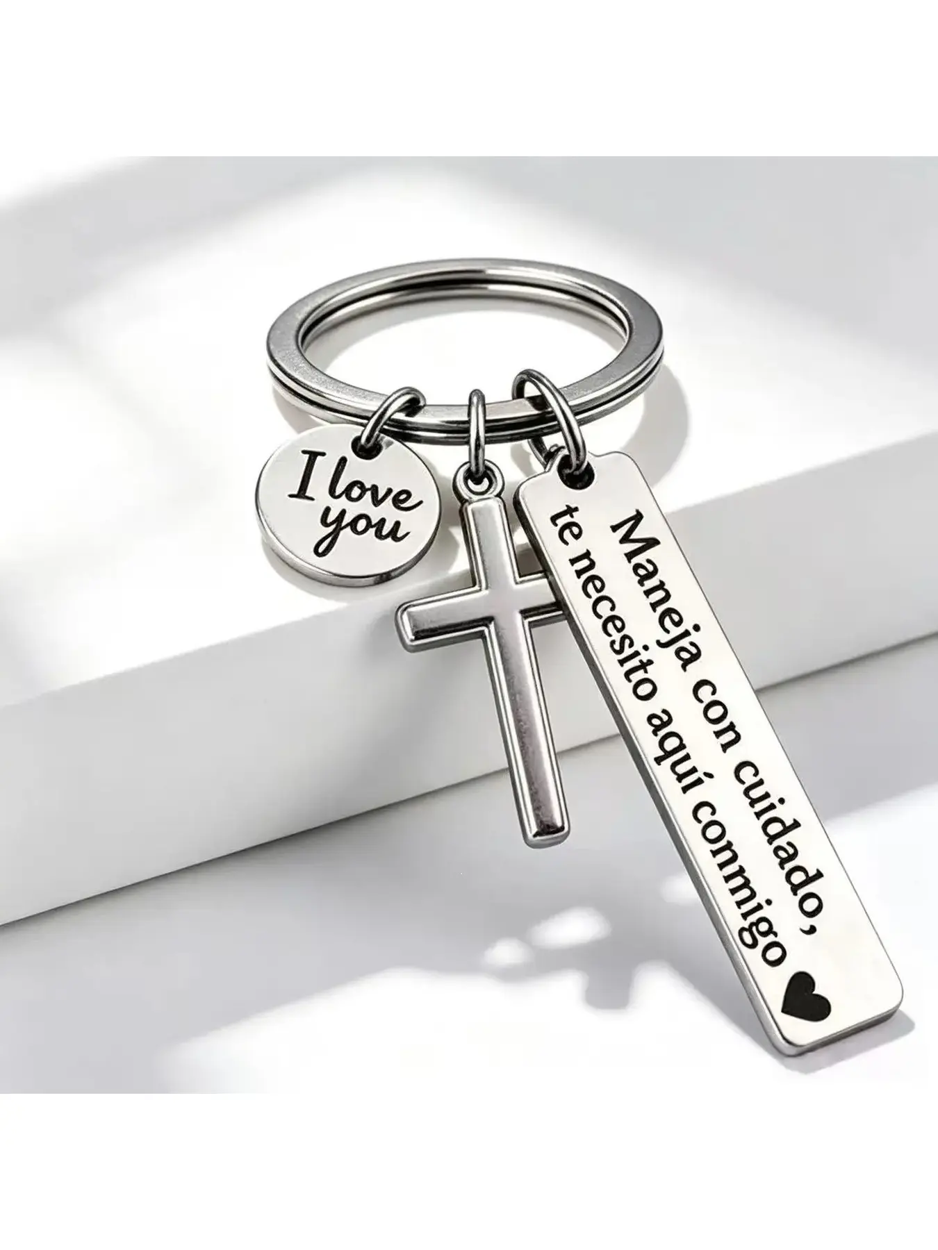 Spanish Drive Safe Keychain Cross I Love You Charm Metal Keychain Stainless Steel Keyring Romantic Religious Gift for Him Her Adjustable Heart Rate Couples Bracelet Set Rotating Retractable Badge Holder