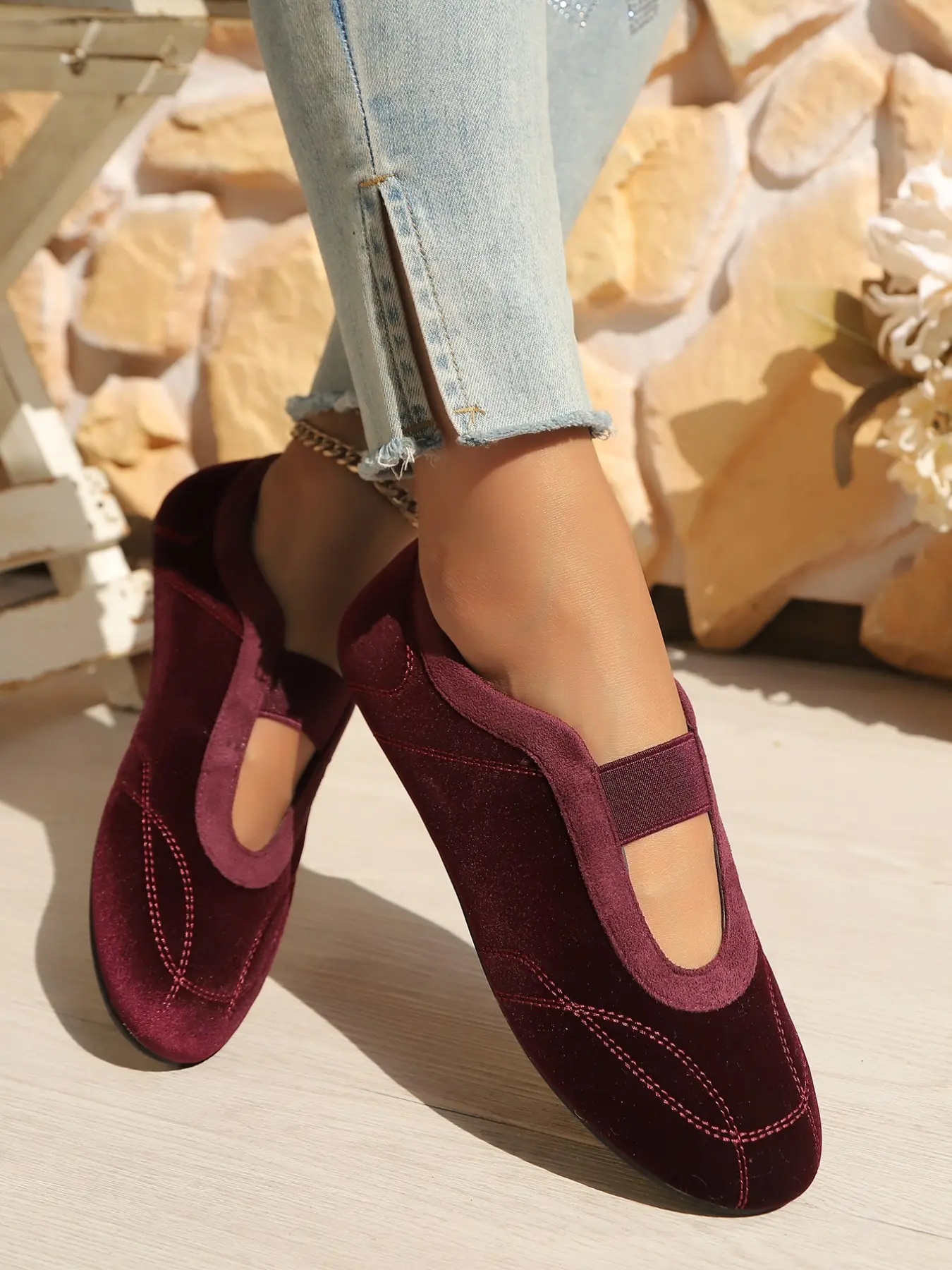Spring Autumn New French Retro Wine Flat Shoes, Elastic Band Hollow Out Low Top, Casual Comfortable Outdoor Wear, Versatile Soft Style Sneakers