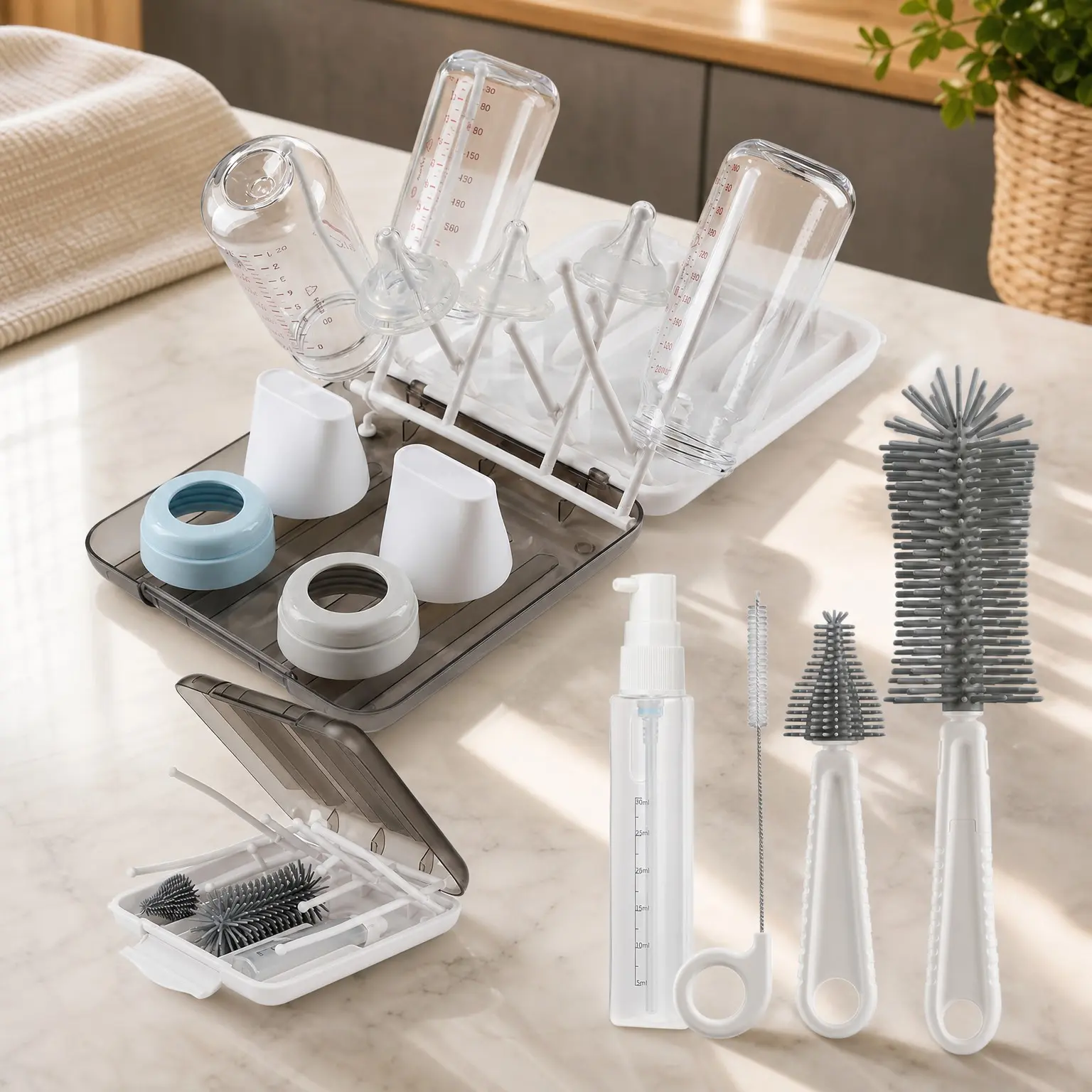 6-in-1 Baby Bottle Brush Cleaner Set with Extendable Silicone Brush, Drying Rack, Nipple & Straw Brushes, Soap Dispenser & Organizer Case, Ideal Gift for Babies & Moms(Gift)