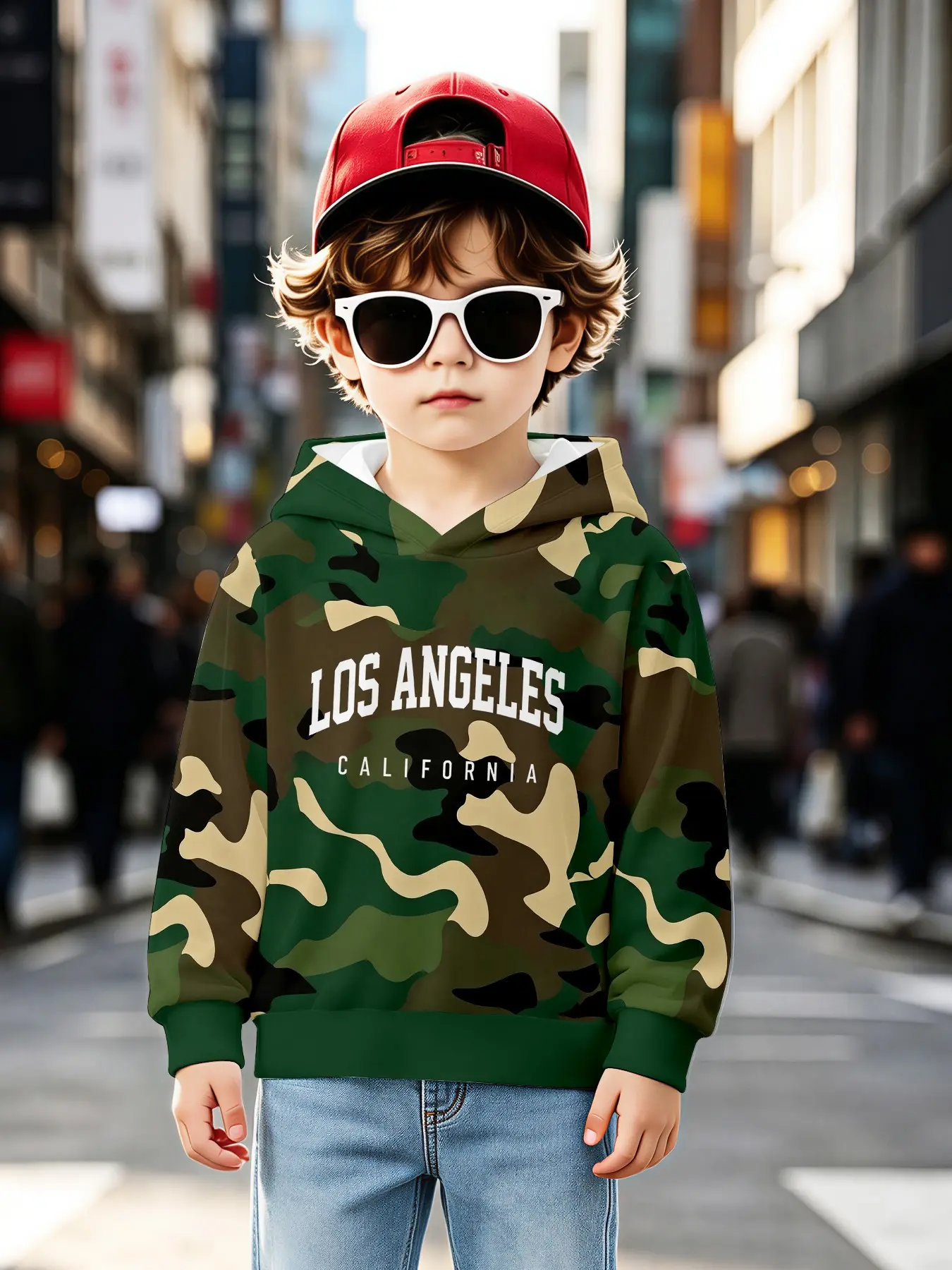 Boys' Jungle Camo La Letter Print Hoodie, Casual Long Sleeve Sweatshirt, Loose-Fit Outdoor Top, Fall & Winter Fashion