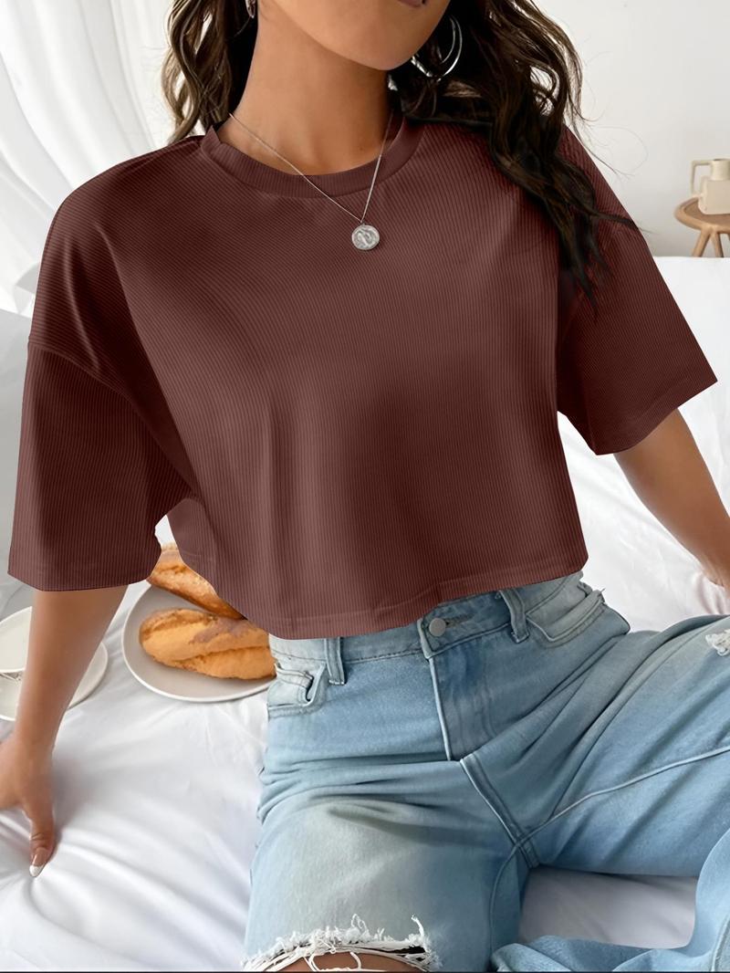 Women's Plain Ribbed Curved Hem Crop Tee, Casual Half Sleeve Round Neck T-shirt for Summer, Ladies Clothes for Daily Wear