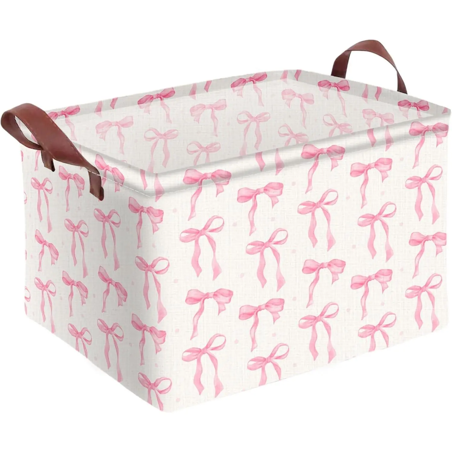 Pink Bow Storage Basket Waterproof Canvas Toy Storage Bin Coquette Room Decor Collapsible Outdoor Basket with Leather Handles Blanket Baskets For Closets,Bedrooms,Gifts Baskets