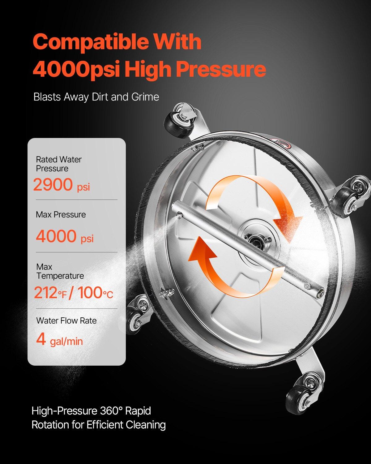 VEVOR 16.5" Pressure Washer Surface Cleaner, Stainless Steel Pressure Washer Attachments with 4 Wheels, 4000 Max PSI, 1/4 Quick Connector, 2 Spray Nozzles, 2 Extended Wands for Concrete, Patio, Deck VEVOR 16.5" Pressure Washer Surface Cleaner, Stainless Steel Pressure Washer Attachments with 4 Wheels, 4000 Max PSI, 1/4 Quick Connector, 2 Spray Nozzles, 2 Extended Wands for Concrete, Patio, Deck