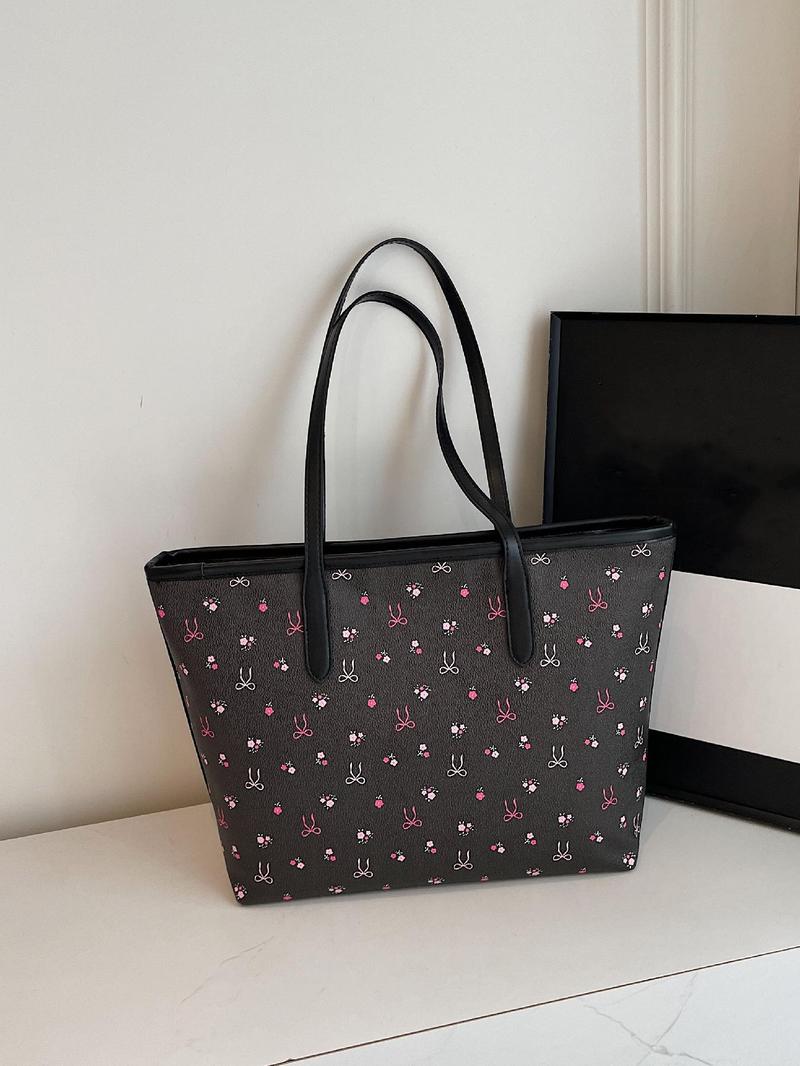 Fashionable Bowknot & Cherry Pattern Tote Bag, Casual Versatile Shoulder Bag for Women, Trendy All-match Bag for Daily Use, Shoulder Totes