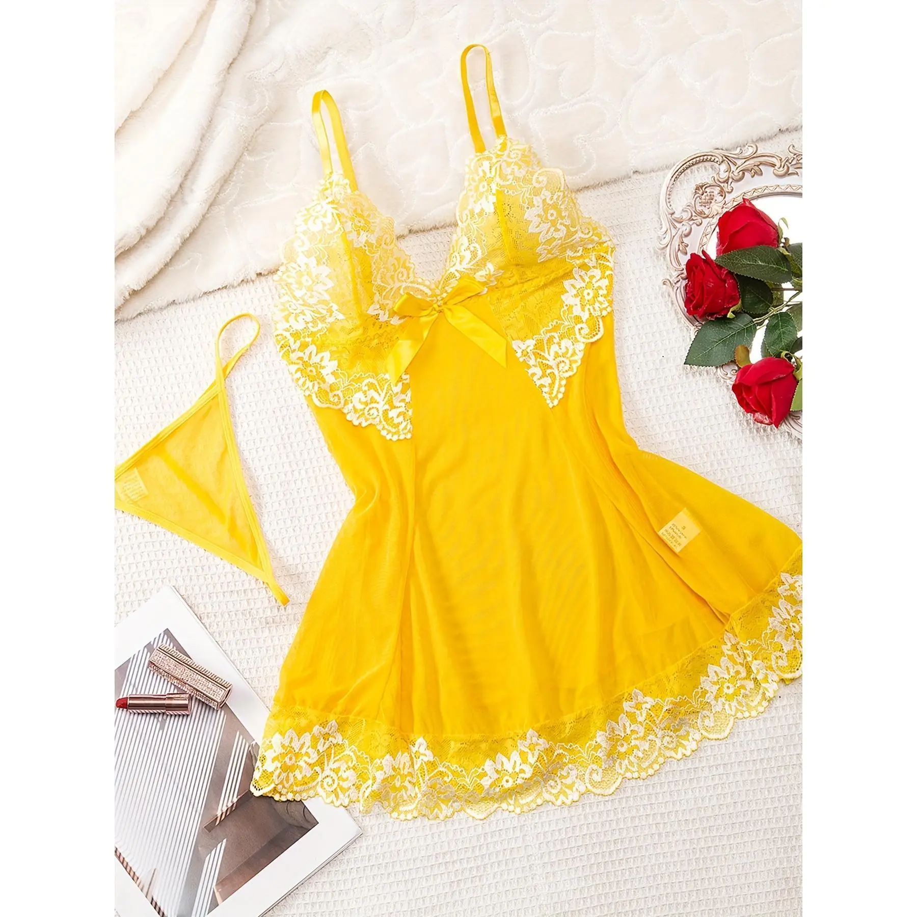 Women's Sleeveless Sexy V-Neck Lace Babydoll Nightgown - Yellow Floral Print Mesh Chemise with Front Bow, Soft Comfortable Loungewear, Sensual Intricate Lace Sleepwear
