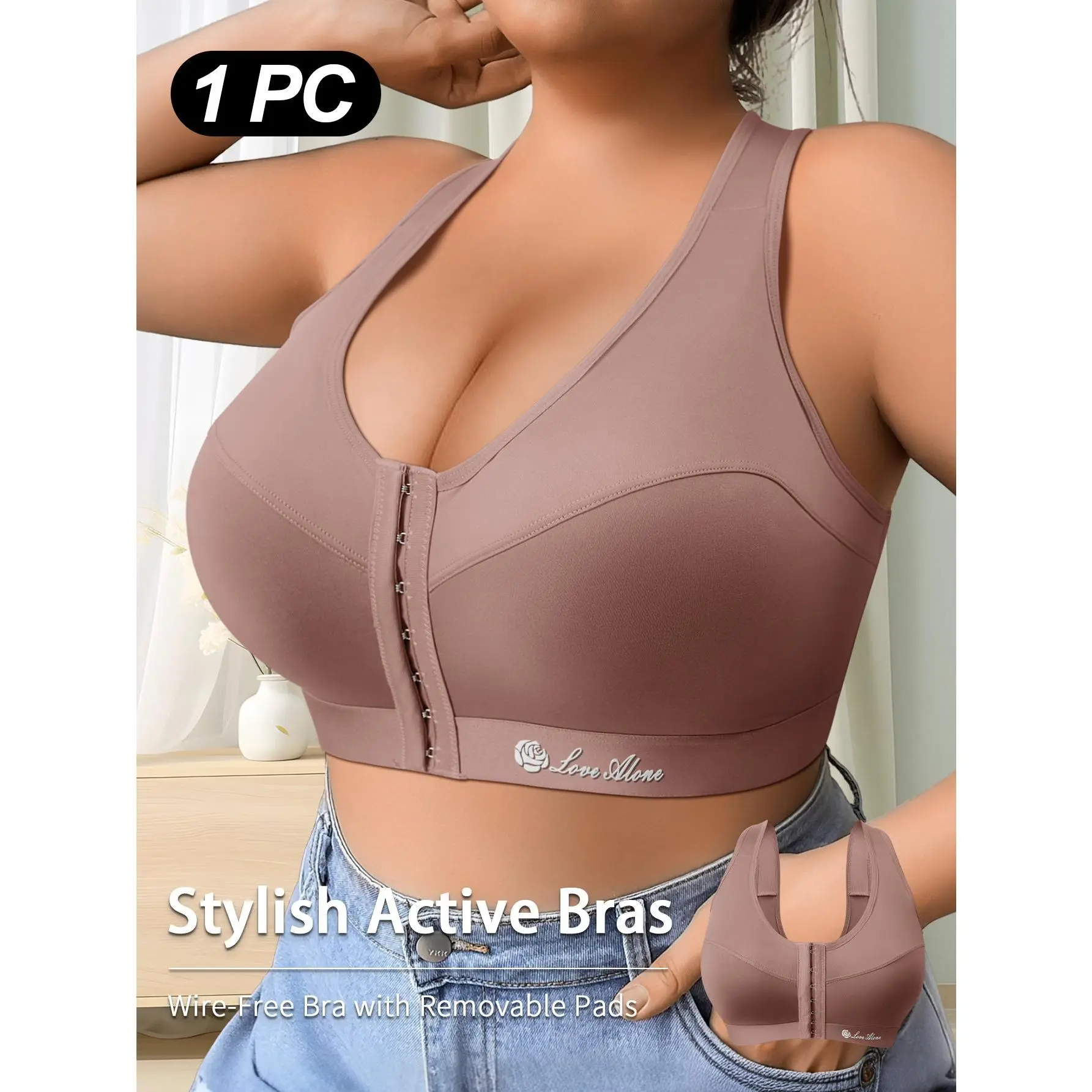 QUASTI Women's Plus Size Front Closure Sports Bra, Wire-Free With Removable Pads Soft Solid Color, Comfort Support Workout Yoga Bra, Summer Essential Easy To Put On And Take Off Bra, 1XL-4XL
