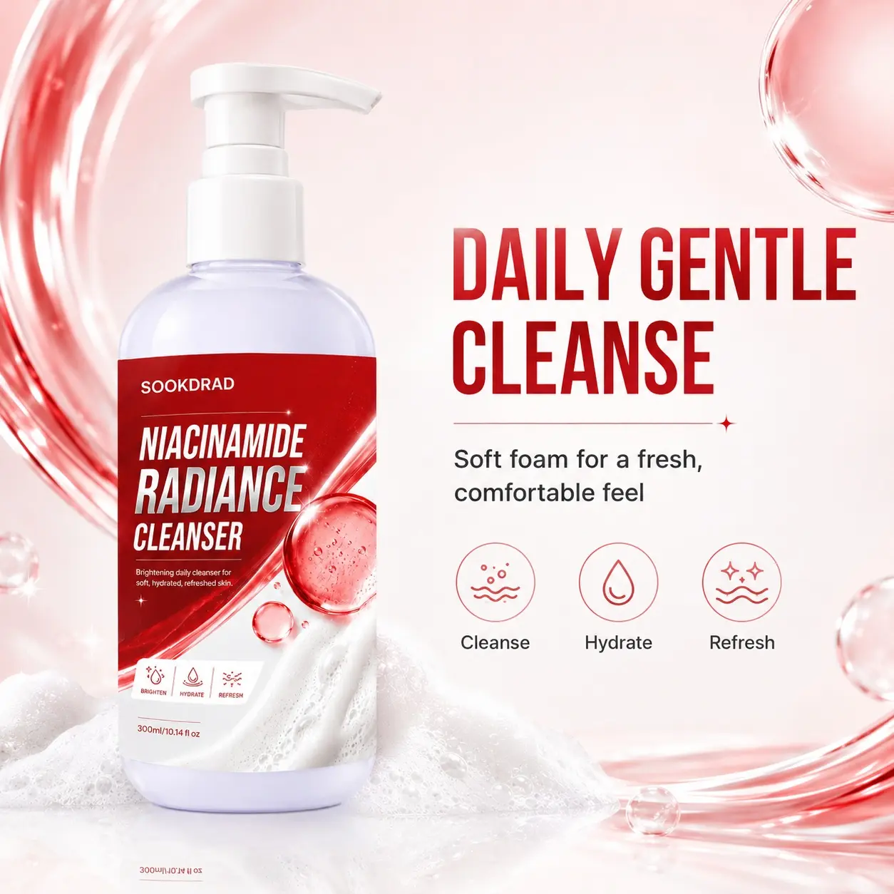 niacinamide radiance cleanser, brightening, hydrating, refreshing, daily facial cleanser, for soft hydrated refreshed skin, 300ml/10.14 fl oz
