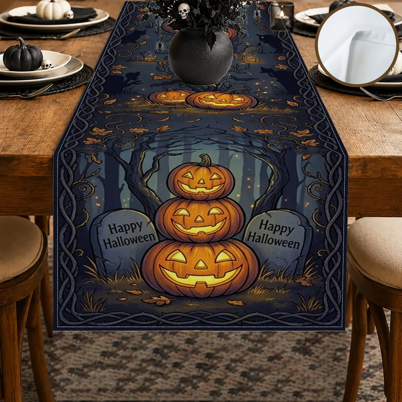 1pc Pumpkin Halloween Ghost Table Runner, Gothic Style, Decorative Border Watercolor Style Print, for Dining Table Halloween Party Home Decor Seasonal Table Decor