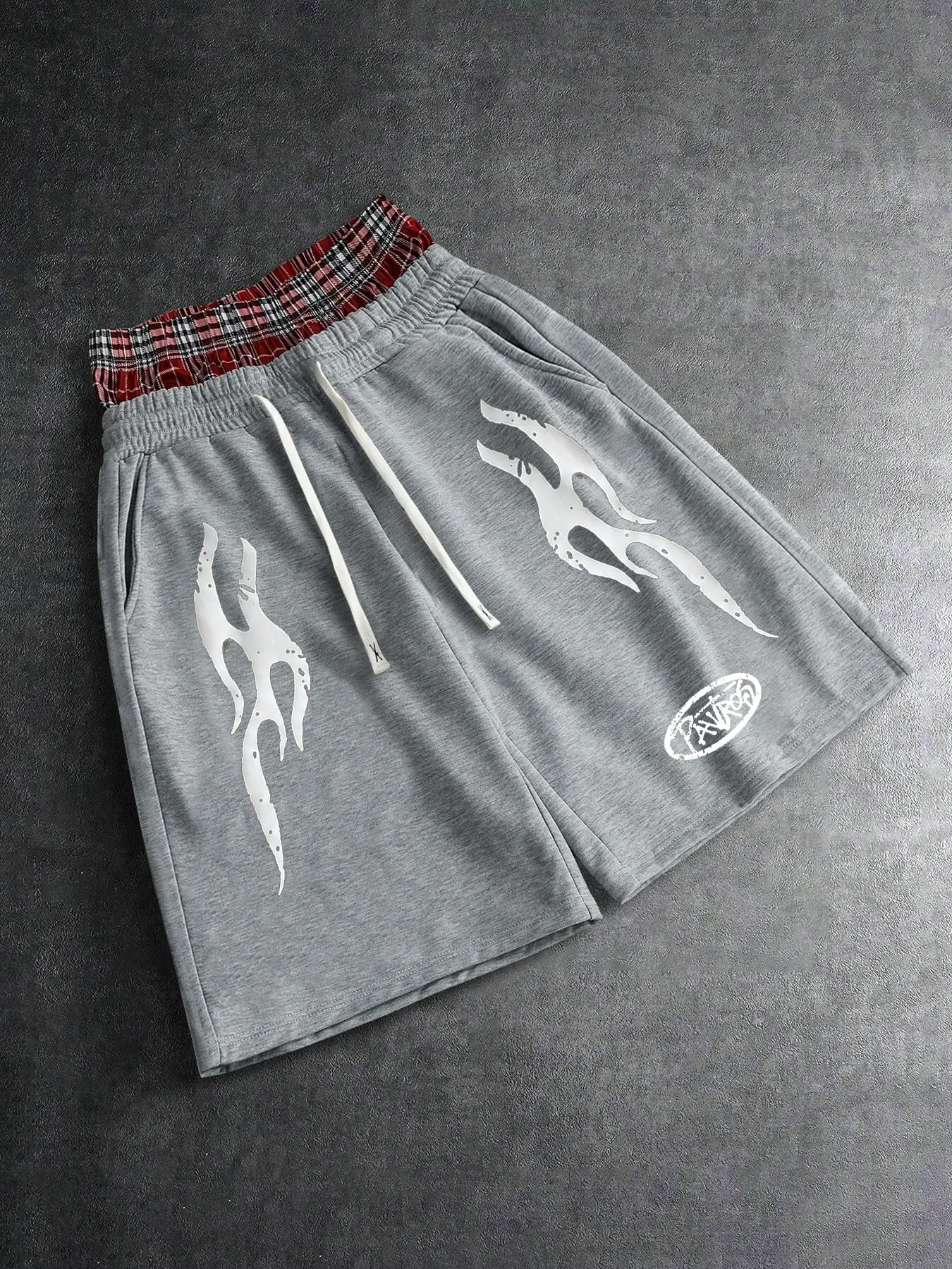 Men's Gothic Flame Print Athletic Shorts, Red Plaid Waist Patchwork Streetwear Sweat Shorts