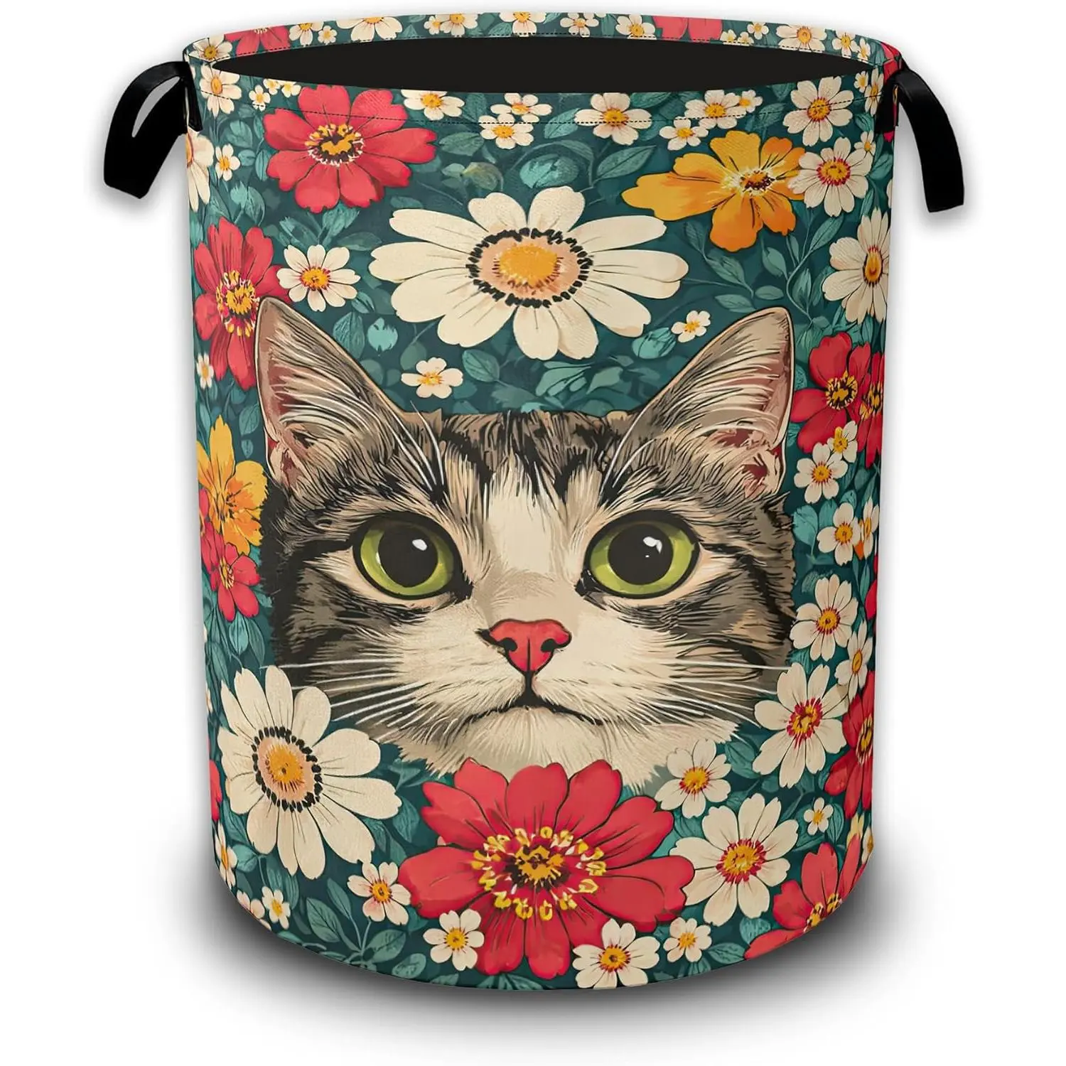 Cute Cat Oxford Cloth Laundry Basket - Blooming Colorful Flowers Waterproof Hamper with Handles, Single Unit Storage Organizer for Bedroom, Bathroom, Gift Ideas for Everyday Use (16"x20.8")