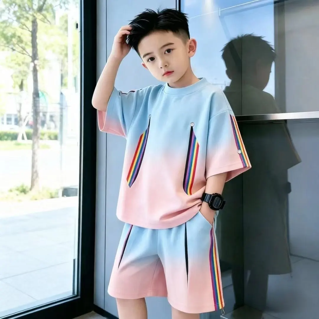 2-piece set for boys: summer gradient T-shirt and shorts, 2026 new style, stylish Korean-style sports suit for older boys, trendy boy outfit-DHY