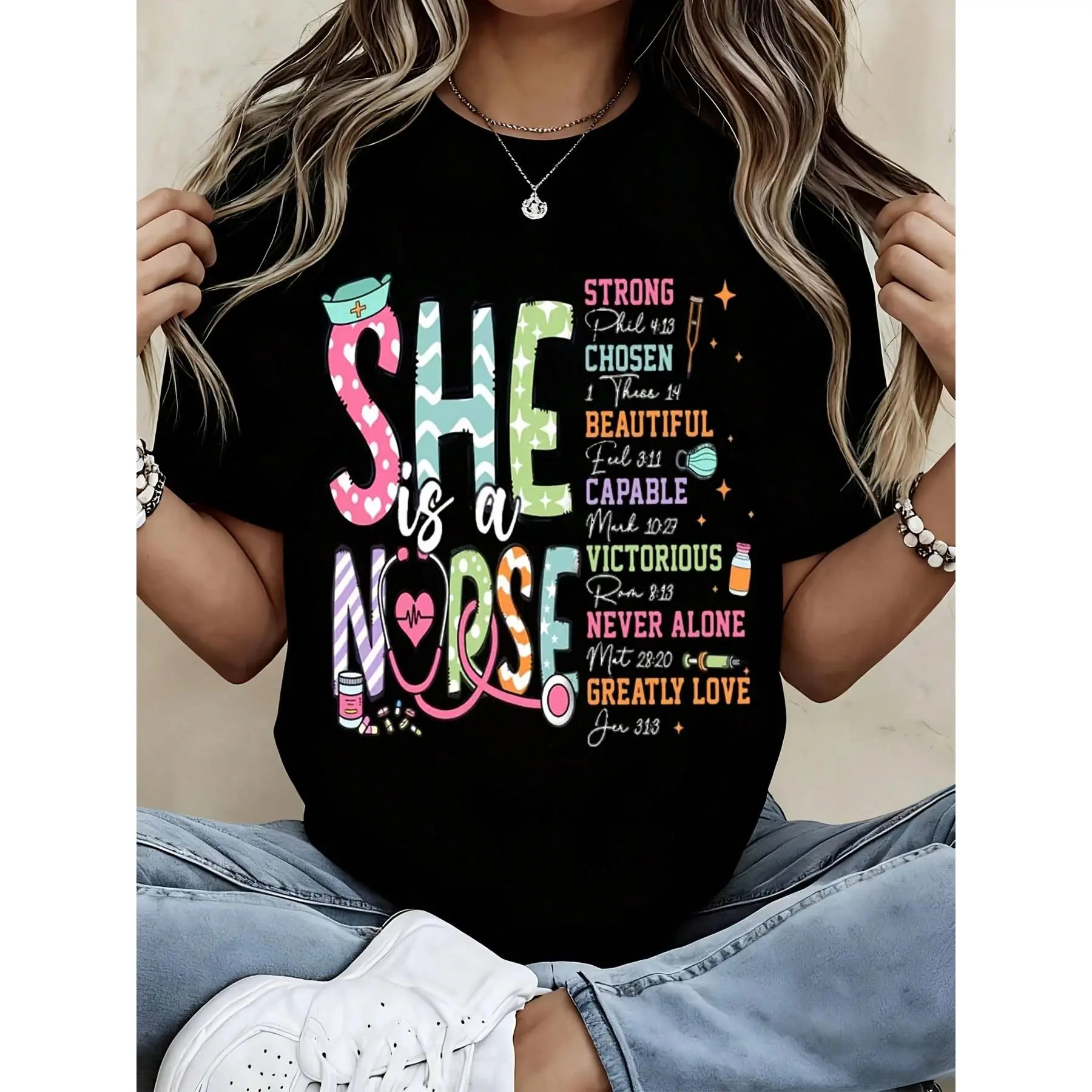 Nurse Knitted Short-Sleeve Pullover Top - Colorful Typography, Inspirational Bible Verses, Comfortable Fabric for Work or Gifting, Tops, Casual